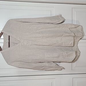 L.L. Bean Womens 100% Linen Beige Tunic Splitneck Medium 3/4 Sleeve